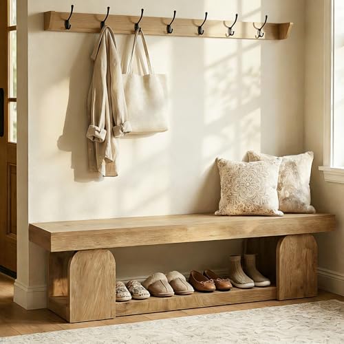 Tribesigns 63-Inch Long Entryway Bench, Farmhouse Entry Shoe Bench with Storage Shelf, Wooden Indoor...