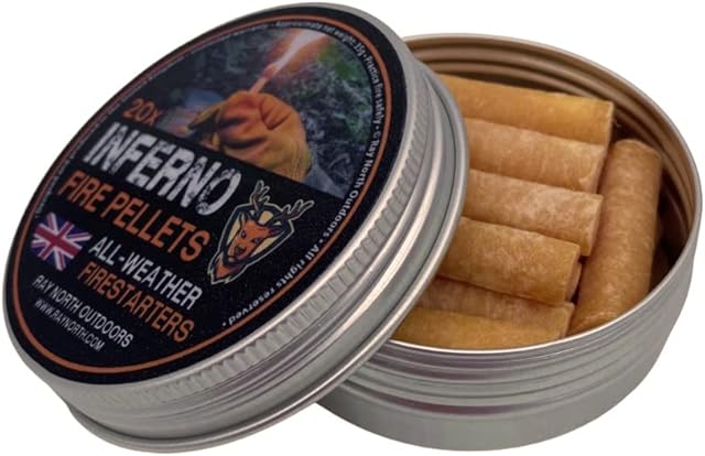 Ray North Outdoors Fire Plugs / Pellets - All Weather / Emergency Fire Starting Tinder Tin - WATERPROOF Firelighters! Bushcraft, Survival, Camping, Fire Kit, Orange, 8x37