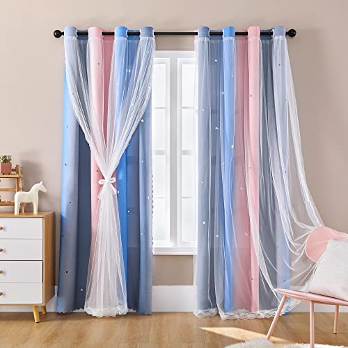 XiDi Dream Star Rideaux occultants avec étoiles pour chambre d'enfant, rideau de princesse pour chambre de fille, 132,1 x 160 cm (l x L), rose, gris et bleu