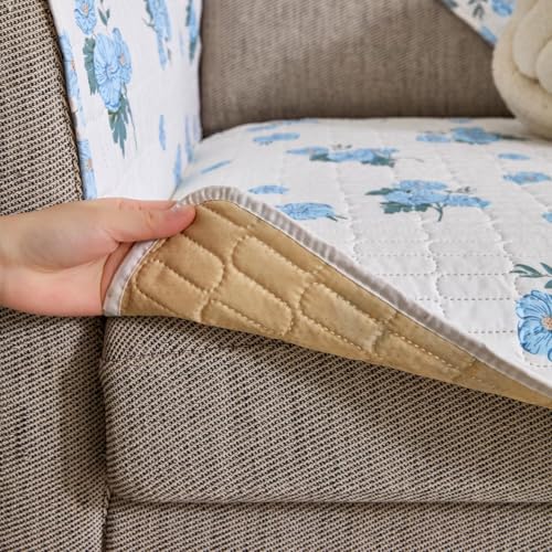 Image of HOMETHREADS Anti-Skid Sofa Protector Mat: Premium Printed Cotton Slipcover with Strong PVC Non-Slip Backing, (White Blue, 4 Seater | 210x75cm)