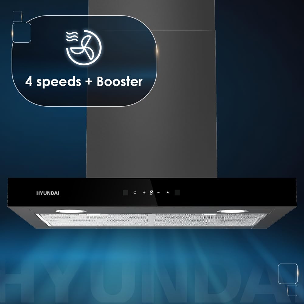Hyundai Campana Extractora Tipo T 60cm, Cristal Negro, HCTT60DCB00. Potencia 958m3/h, 3 Velocidades, 2 Filtros, 68 dB Nivel Sonoro, Control Táctil, Filtro apto para Lavavajillas