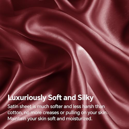 BEDELITE Satin Fitted Sheet and Pillowcases Set, Soft Similar to Silk Bottom Bed Sheet with Elastic Corner Straps, Deep Pocket up to 15 Inch, 1 Fitted Sheet and 2 Pillowcases(Cal King, Burgundy)