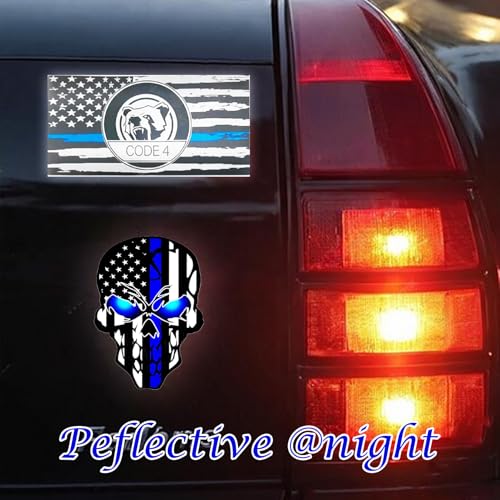 Image of Reflective Decal with Back The Blue Line Lives Matter Flag Car Sticker for Truck, Thin American Skull Flag Code 4 Sticker for Window Bumper Police Law Enforcement (bear8)