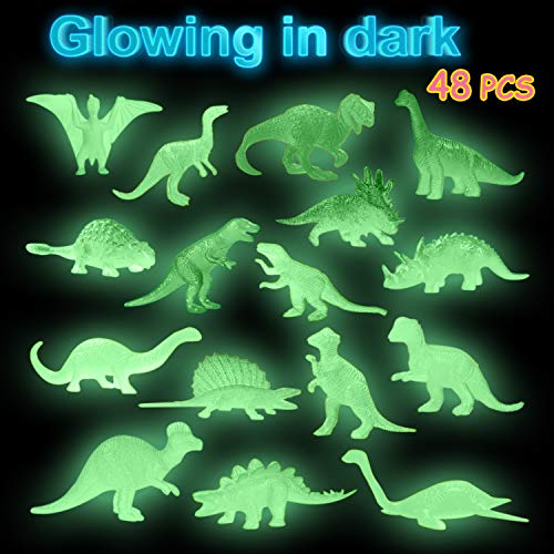 48Pcs Glow in Dark Mini Dinosaur Figures Birthday Party Favors Supplies Dino Cupcake Toppers Pinata Goodie Bags Stuffers Classroom Prizes Carnival Treasure Box Trinkets Bulk Toy Kids Goody Treat Gifts2