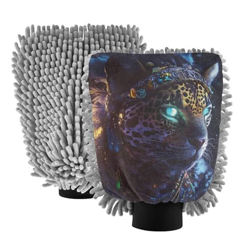ALAZA Leopard Chief Car Wash Mitt Scratch Free, 2 Pack Absorbent Microfiber/Chenille Washing & Drying Mitts, M
