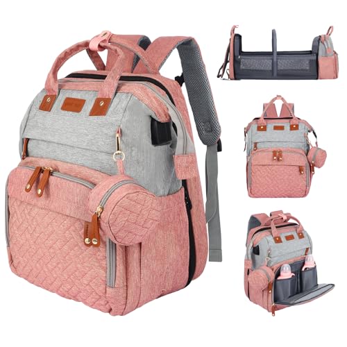 Image of JOYCE Diaper Bag Backpack, with Changing Table Backpack, 900D Oxford Cloth, Large Capacity Diaper Backpack, 3 in 1 Multifunctional Travel Baby Diaper Backpack (pinkish gray)
