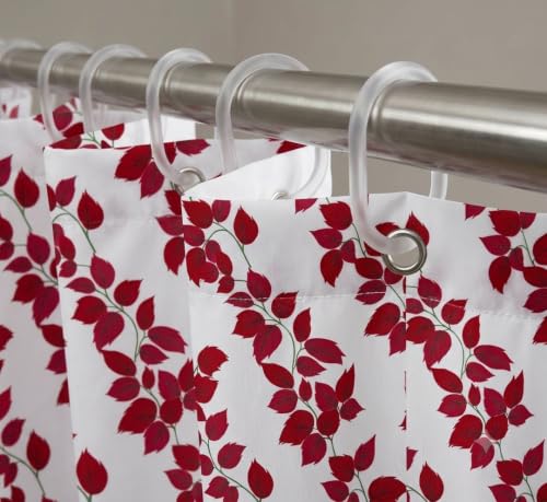 Image of Shower Curtain 7 Feet | Waterproof PVC Printed Bathroom Curtain with 8 Rings | Transparent Stone Print Bathtub Curtain | Extra Long Bathroom Liner, Waterproof & Easy to Clean (Red Leaf,Pack Of 1)