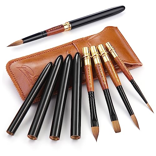 Sable Travel Watercolor Brushes, Fuumuui 4pcs Elegant Kolinsky Sable Travel Brushes Travel Watercolor Kit with Leather Pouch Perfect for Watercolor Gouache Ink Painting Black-4pcs