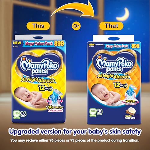 Image of Mamypoko pants All night absorb| Pant Style Baby Diapers New Born /X-Small, 93 Count, Ideal for upto 5Kgs|1 Diaper= Upto All night Absorption|Wider Crisscross Sheet|12hr Leakage Protection