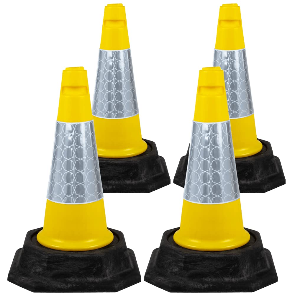 Street Solutions UK - 4 x 460mm Tall Traffic Cones Reflective Sleeve For Indoor And Outdoor Usage, Self Weighted Cones Are Manufactured In The UK Yellow