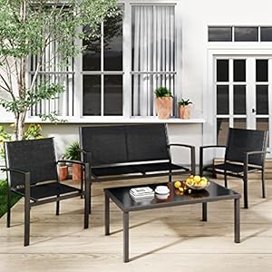 Greesum 4 Pieces Patio Furniture Set, Outdoor Conversation Sets for Patio, Lawn, Garden, Poolside with A Glass Coffee Table, Black