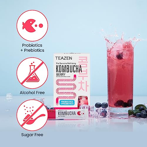 Teazen Kombucha Tea, Zero Sugar, Sparkling Fermented Powdered Mix Beverage From Korea, Live Probiotics & Prebiotics, 10 Sticks, 1.76Oz (Berry) #TOP2