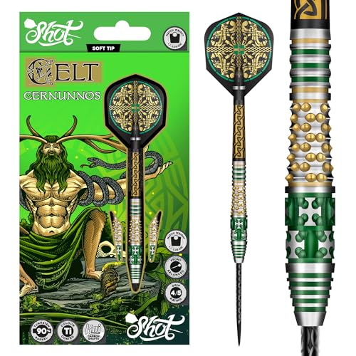 Shot! Darts Steel Tip, Celt Cernunnos (22g/23g/24g), 90% Tungsten Barrel, Front Weighted, Handcrafted Professional Dart Set & Flights Made in New Zealand, Metal Tip for Bristle Dartboard