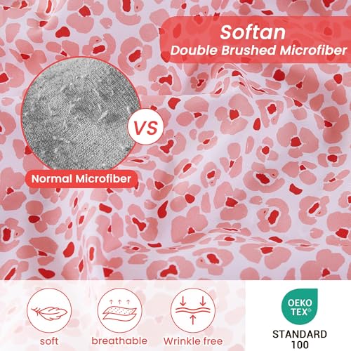 Image of Softan Pink Floral Full Sheet Set, Cozy Microfiber Leopard Printed Fitted Bed Sheet with 15 inch Deep Pockets & Non-Slip Straps, Cute Girls Patterned Double Sheets & Pillowcase Set