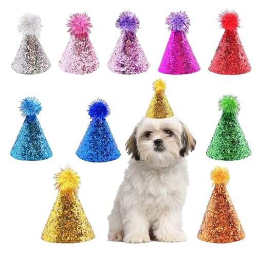 Cellcacn 10PCS Dog Birthday Hat Set for Small Puppies Cat Kitten Rabbit, Mini Party Hat with Adjustable Headbands, Cute Pet Hat with Pompons for Party Decoration Accessories (Small)