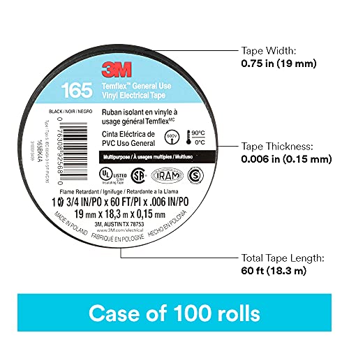 Image of 3M Temflex Vinyl Electrical Tape 165, Black, 3 /4 in x 60 ft (19 mm x 18 m), 6 mil, 100 Rolls /Case