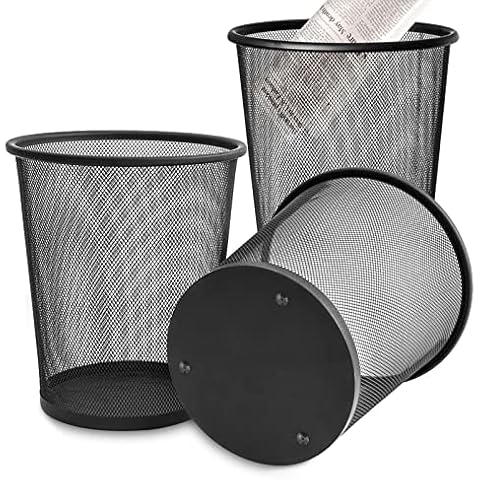 3 Pack Mesh Waste Paper Bin 12 Litres, Metal Wire Waste Basket Lightweight Circular Trash Bin for Home Office Garbage Can Bin - 260mm x 235mm x 190mm Cover