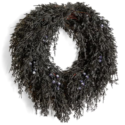 Image of DN DECONATION Halloween Wreath for Front Door, Decorations for Outdoor | 20in, Black Pine Wreath with Berries, Perfect for Fall Halloween Decorations, Farmhouse Home Wall Mantle Door Decor