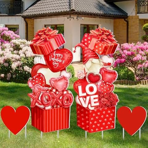 Yuntau 4 Pcs Valentine's Day Yard Signs Gnome Outdoor Sign with Stakes Valentine Red Heart Rose Gnome Lawn Gift Box Sign for Holiday Pathway Lawn Walkway Patio Party Wedding Anniversary Decor (Gnome) Cover