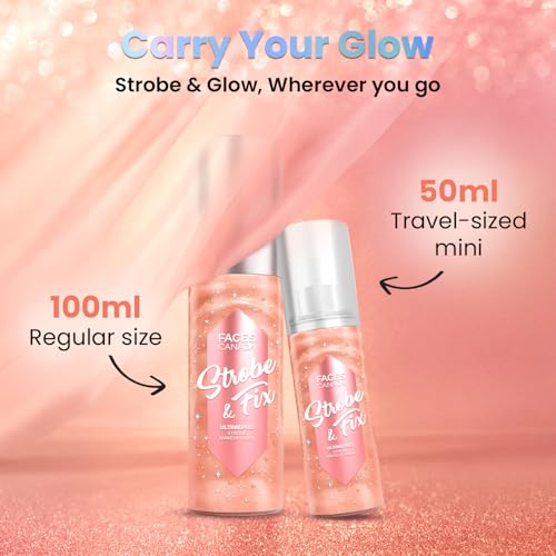 Image of FACES CANADA Ultime Pro Strobe Makeup Fixer Mini - Rose Gold, 50 ml | 12HR Long Lasting Makeup Setting Spray | Dewy Shimmery Glow Finish | Hydrating, Non-Sticky | Waterproof, Transferproof & Alcohol-Free