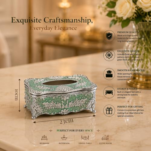 Image of Diviniti Premium Decorative Tissue Holder Box for Home Decor | Elegant Floral Metal Tissue Box Holder with Premium Silver Finish | Tissue Paper Dispenser for Dining Table, Office & Bathroom