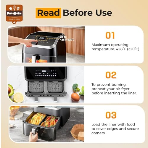 Image of Purebake Air Fryer Disposable Paper Liners | 100 Pcs Rectangle Parchment Sheets | Food-Grade, Non-Stick, Oilproof, Waterproof | Heat-Resistant up to 450F | Brush & Mittens Included