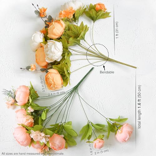 Image of FiveSeasonStuff Garden-Style Ivory, Peach, Orange & Greenery Accents Artificial Peony Bouquet, Two Faux Silk Flower Bundles with Hydrangeas