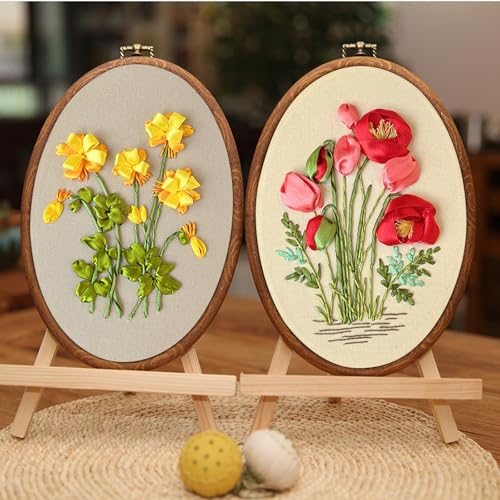 Image of XM-GENYUE 2 Sets Starter Embroidery Kit for Beginners Adults, Hand 3D Ribbons Embroidery Kit for Beginners Flowers Includes Bamboo Hoop, Cloth