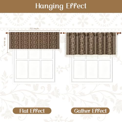 Image of Yinhua Boho Valance Curtains Vintage Linen Kitchen Valances for Windows Light Filtering Bohemian Floral Valance Rod Pocket Tassel Window Valances for Bathroom Cafe, 52 inch W X 18 inch L, Brown