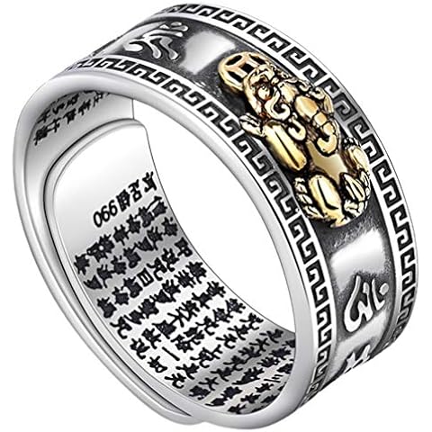 TiSkying Pixiu Charms Feng Shui Ring Amulet, 99 Silver PiXiu Buddhist Heart Sutra Ring Opening Adjustable Mantra Amulet Wealth Luck Ring Jewelry Gift for Men Women, One Size Cover