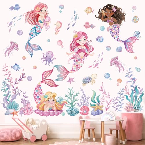 Image of wondever Under The Sea Mermaid Wall Stickers Ocean Themed Seaweed Coral Peel and Stick Wall Art Decals for Girls Bedroom Baby Nursery Kids Bedroom