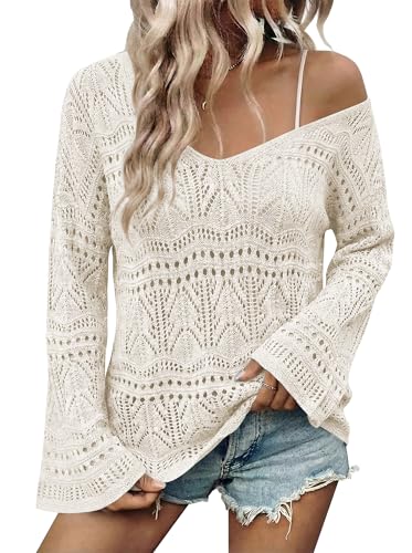 Image of Cakulo Womens Summer Crochet Tops Boho Off Shoulder Sweaters Lightweight V Neck Loose Vacation Resort Wear 2026