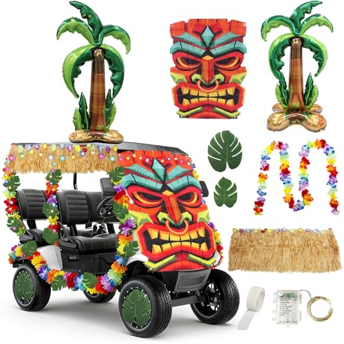 31 Pcs Luau Tropical Golf Cart Parade Decorations Kit, Summer Tropical Golf Cart Decor Includes Hawaiian Grass Table Skirt, Hawaiian Wreath, Leaves, 9.8Ft Led Lights, Coconut Tree Foil Balloon.