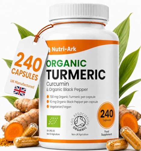 Organic Turmeric and Black Pepper Capsules 700 mg - High Strength Tumeric Supplement - 240 Vegan Turmeric Capsules (8-Month Supply) - Tumeric Curcumin with Organic - Manufactured in the UK