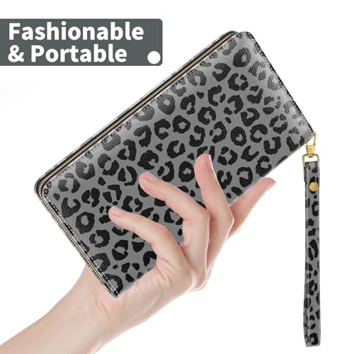 Nipichsha Womens Wallet, RFID Wristlet Wallet for Women, Cute Ladies Purse, Large Credit Card Clutch Purse, Leather Card Holder Wallets with Zipper & Phone Holder, Leopard Print2