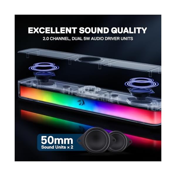 Redragon GS515 RGB Desktop Soundbar, 2.0 Channel Stereo Computer Speakers for Desktop with BT 5.3, USB-C/USB Powered, Black - Image 3