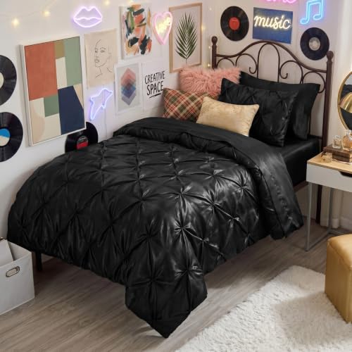 Image of BEDELITE Satin Comforter Set Twin XL Size, 5 Pieces Pintuck Bed in A Bag with Comforter, Flat Sheet, Fitted Sheet, Pillowcases, Shams, Soft Cozy Similar to Silk Bed Set for All Seasons (Black)