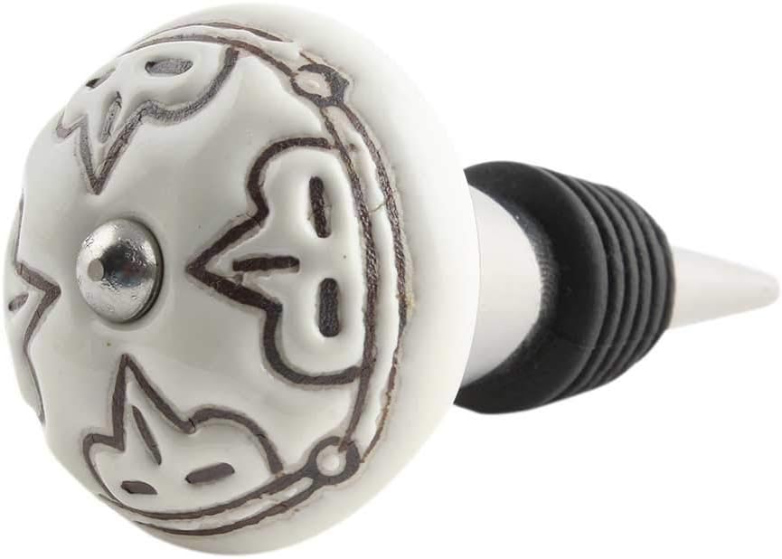 Indian Shelf Wine Stopper | Rubber Ceramic Wine Corks | Etched Floral Best Wine Stoppers [Cream, 1 Pack]