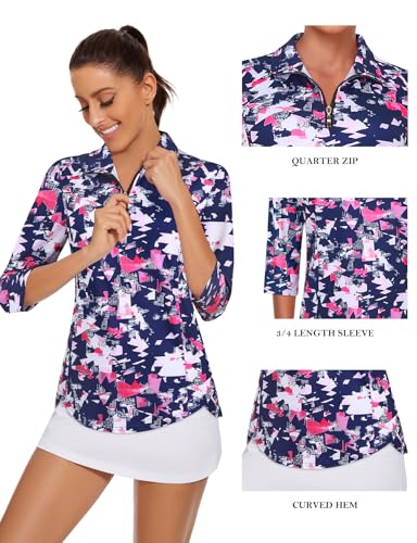 Tanst Sky Womens Golf Polo Shirts Zipper 3/4 Sleeve Moisture Wicking Tops UPF 50+ Workout Tennis Apparel3