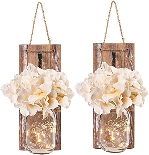 Set of 2 - Rustic Wall Sconces - Mason Jars Sconce with Wrought I...