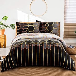 Blue Geometric Duvet Cover Golden Stripes Soft Microfiber Duvet Cover Set, Reversible Lightweight Bedding Sets 3pcs with Zipper Closure (King, 220x230cm)