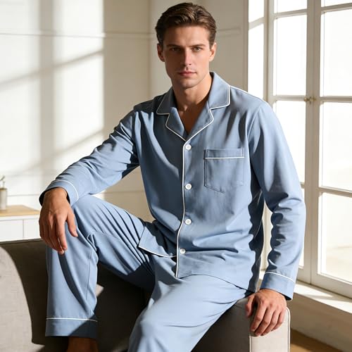 Image of U2SKIIN Mens Cotton Pajama Set, Soft Long Sleeve Pajamas for men Lightweight Button Up Sleepwear Lounge Pjs Set with Pockets