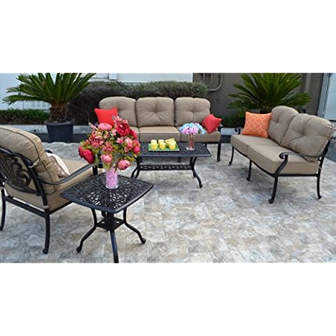 Cast Aluminum Powder Coated 5-Piece Seating Set with Cushions - Antique Bronze L8 Cover