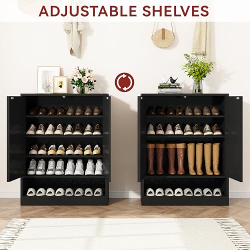 Image of Fluted Shoe Cabinet with Doors, 2 Pieces 41 inch Tall Entryway Shoe Organizer Cabinet with Adjustable Shelves, 5-Tier Modern Wood Free Standing Shoe Rack for Hallway, Living Room, Closet, Black