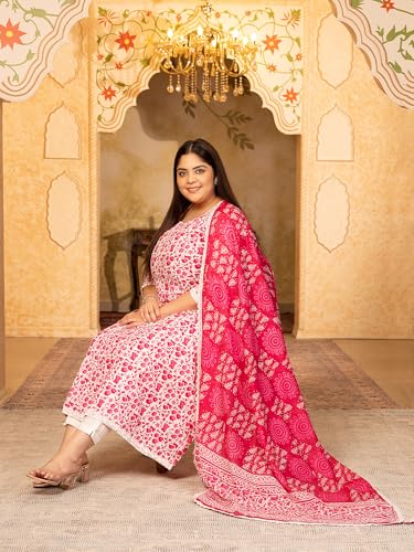 Image of MEERA FAB Women's Pure Cotton Printed Anarkali Kurta with Palazzos & Dupatta