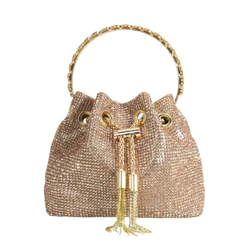 DJBM Ladies Full Diamonds Bucket Handbag Rhinestone Evening Bag Bling Clutch Purse for Women Party Prom Cocktail Wedding, Rose Gold