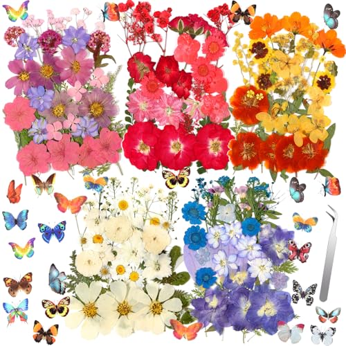 Image of 269 PCS Dried Pressed Flowers for Resin Crafts, Bulk Real Nature Pressed Flowers Set Dried Wildflowers Leaves with Butterfly Stickers Tweezers for Jewelry Making DIY Scrapbook Floral Frame Decors