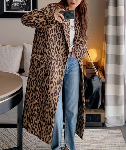 Sexyshine Women's Leopard Print Long Trench Coat Notched Lapel Double Breasted Pea Coat Wool Overcoat Jacket4