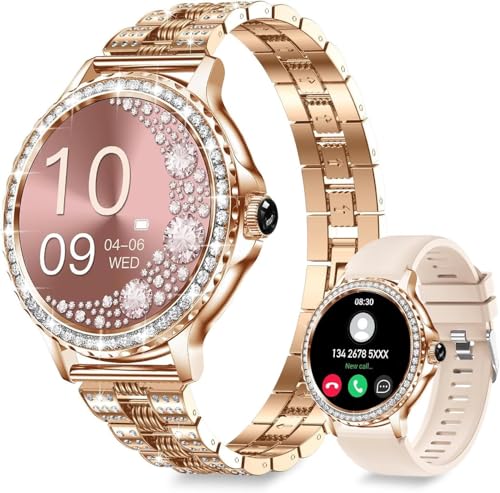 Image of Smart Watches for Women(Make /Answer Call) with Diamond:1.3 inch Fitness Tracker Watch for HR /Blood Pressure /SpO2 /Sleep Monitor,Digital Running Watches for Women Android /iOS, 2 Straps