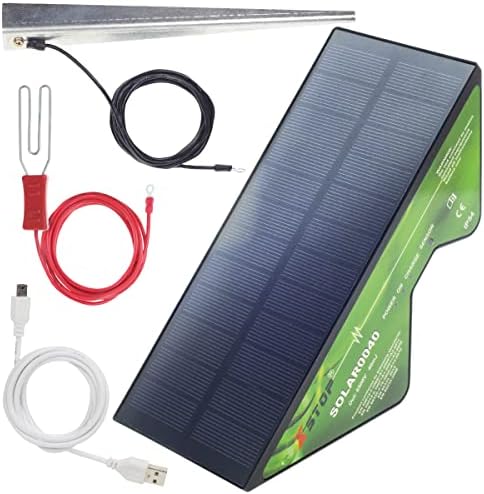 Solar Powered Electric Fence Energiser X-Stop 0040 2 Km Range Full Kit Includes Earth Stake and All Leads Plus USB Charge Cable For Horses and Other Animals